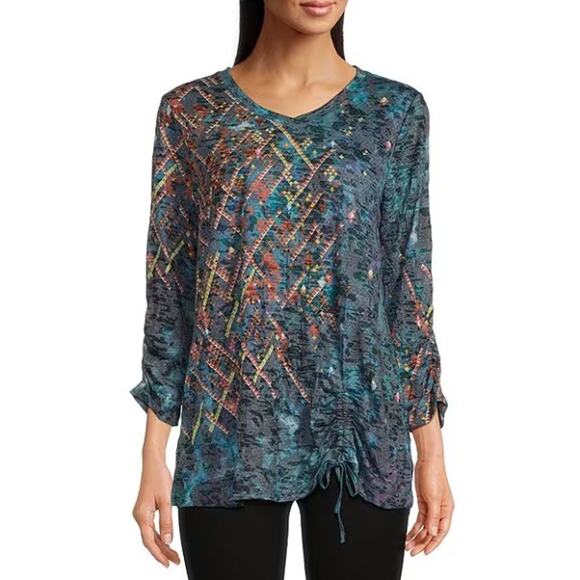 Ali Miles Abstract Crinkle Burnout Knit V Neck 3/4 Sleeve Tunic Top Womens Small - Picture 1 of 6